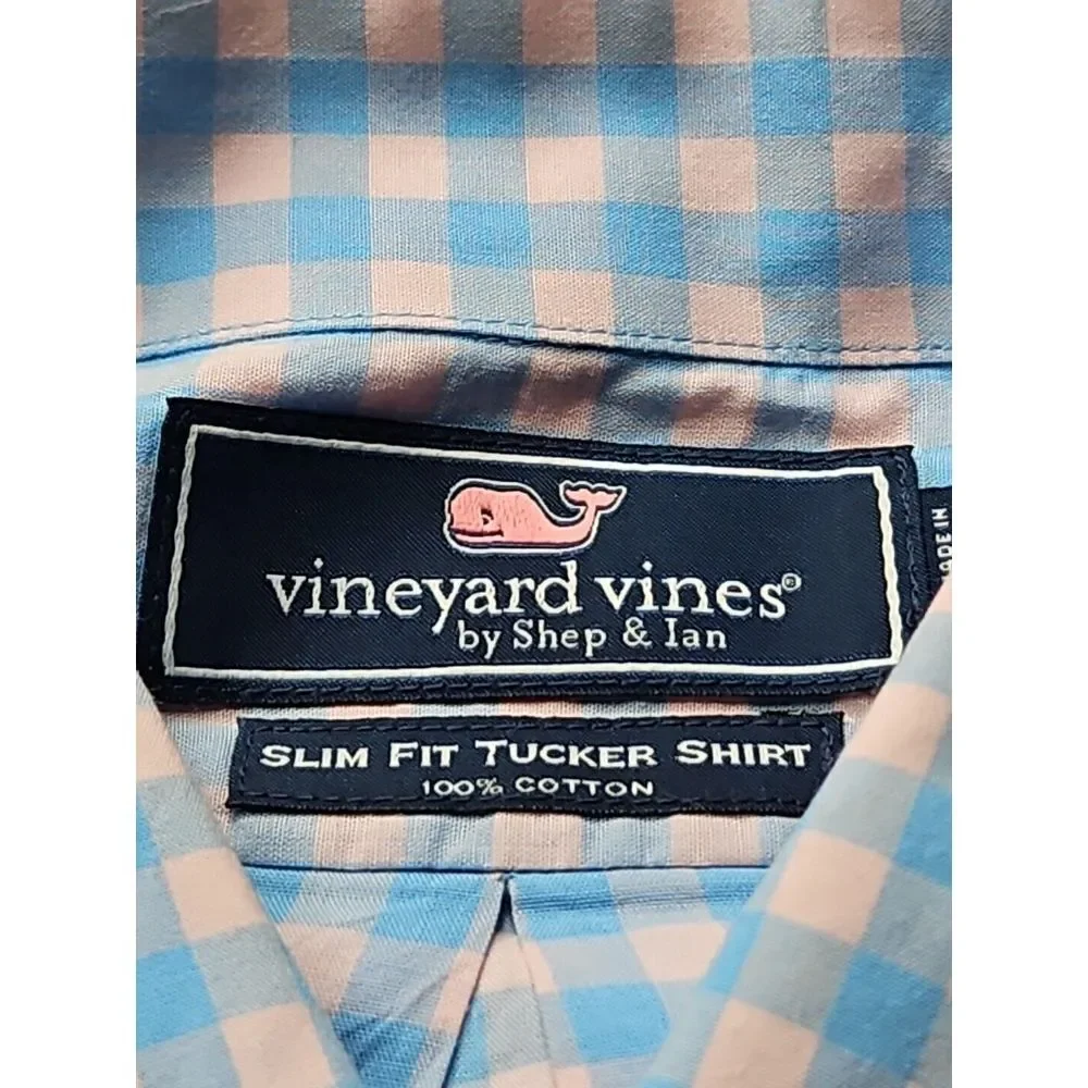 Vineyard Vines PINK BLUE Checked‎ Long Sleeve Cotton SLIM FIT TUCKER Shirt Large